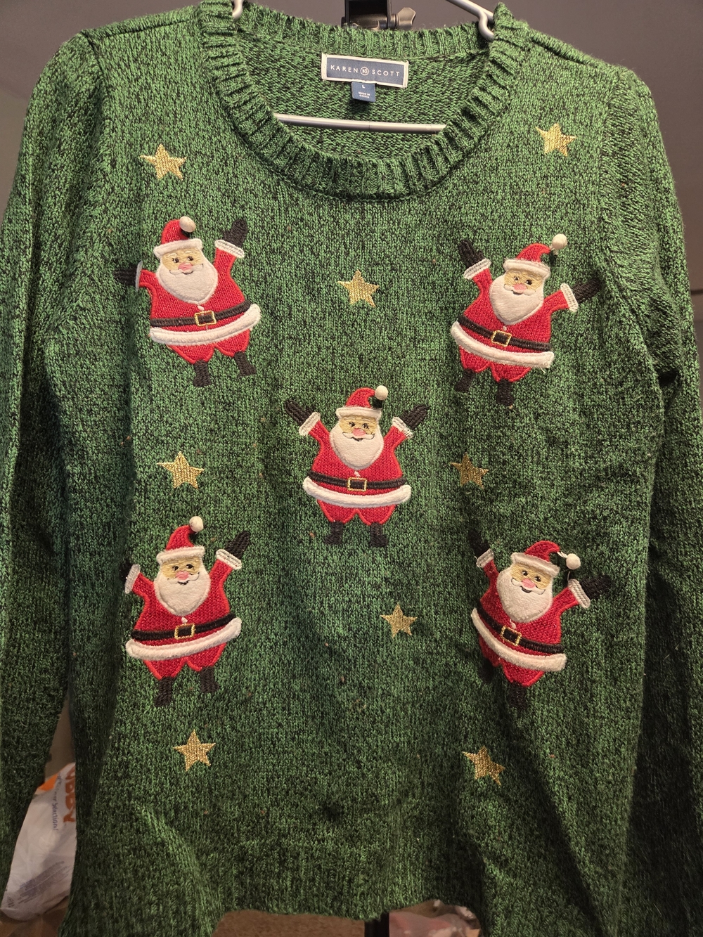 Karen Scott Green Crewneck Sweater with Santa Appliqués and Gold Stars